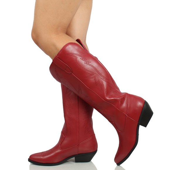 Shoes - Dark Red Faux Leather Stitching Cowboy Knee High Boots